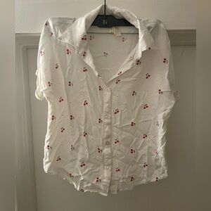 Japna White cherries button down‎ short sleeve top size XS
